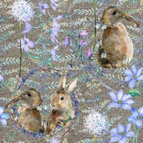 watercolor bunnies on canvas spring flowers natural taupe FLWRHT