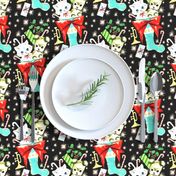 Merry Christmas Xmas snowflakes cats kittens dogs puppies socks stocking presents gifts bows mistletoe leafs leaves berry berries trumpets candy cane peppermint cane red green blue black cute vintage retro kitsch  