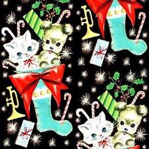 Merry Christmas Xmas snowflakes cats kittens dogs puppies socks stocking presents gifts bows mistletoe leafs leaves berry berries trumpets candy cane peppermint cane red green blue black cute vintage retro kitsch  