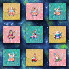 8" x 8" CAR DRIVE CUTE ANIMALS ON NEBULA SKY NIGHT BLUE FLWRHT