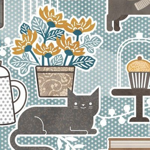 Cozy Cat Cafe Pine Green Medium- Hygge Cats- Tea Towel- Polka Dots