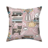 Cozy Cat Cafe Pink Medium- Hygge Cats Mauve- Tea towel