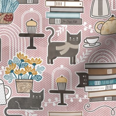 Cozy Cat Cafe Pink Small- Hygge Cats Mauve- Small Scale- Face Mask