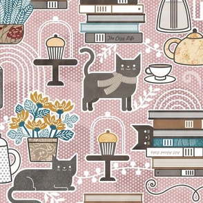 Cozy Cat Cafe Pink Small- Hygge Cats Mauve- Small Scale- Face Mask