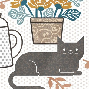 Cozy Cat Cafe White- Hygge Autumn Cats- Large Scale- Home Decor- Greige