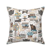 Cozy Cat Cafe White Small- Hygge Autumn Cats- Small Scale- Face Mask