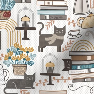 Cozy Cat Cafe White Small- Hygge Autumn Cats- Small Scale- Face Mask