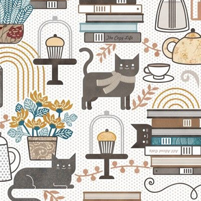 Cozy Cat Cafe White Small- Hygge Autumn Cats- Small Scale- Face Mask