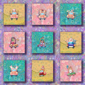 8" x 8" CAR DRIVE CUTE ANIMALS ON FLORAL PURPLE FLWRHT