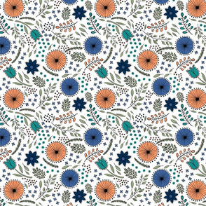 Hand Drawn Floral with Orange Blue Teal on White
