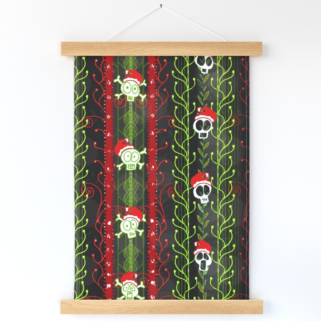 Santa Shock Vines O' Death -- Creepy Gothic Christmas Skull -- Spooky Gothic Creepmas -- Red and Green Christmas Skull -- 26.61in x 24.00in repeat -- 150dpi (Full Scale)