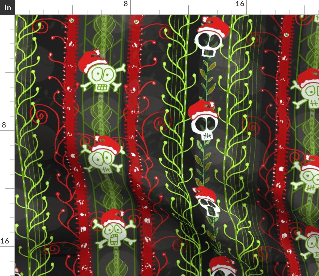 Santa Shock Vines O' Death -- Creepy Gothic Christmas Skull -- Spooky Gothic Creepmas -- Red and Green Christmas Skull -- 26.61in x 24.00in repeat -- 150dpi (Full Scale)