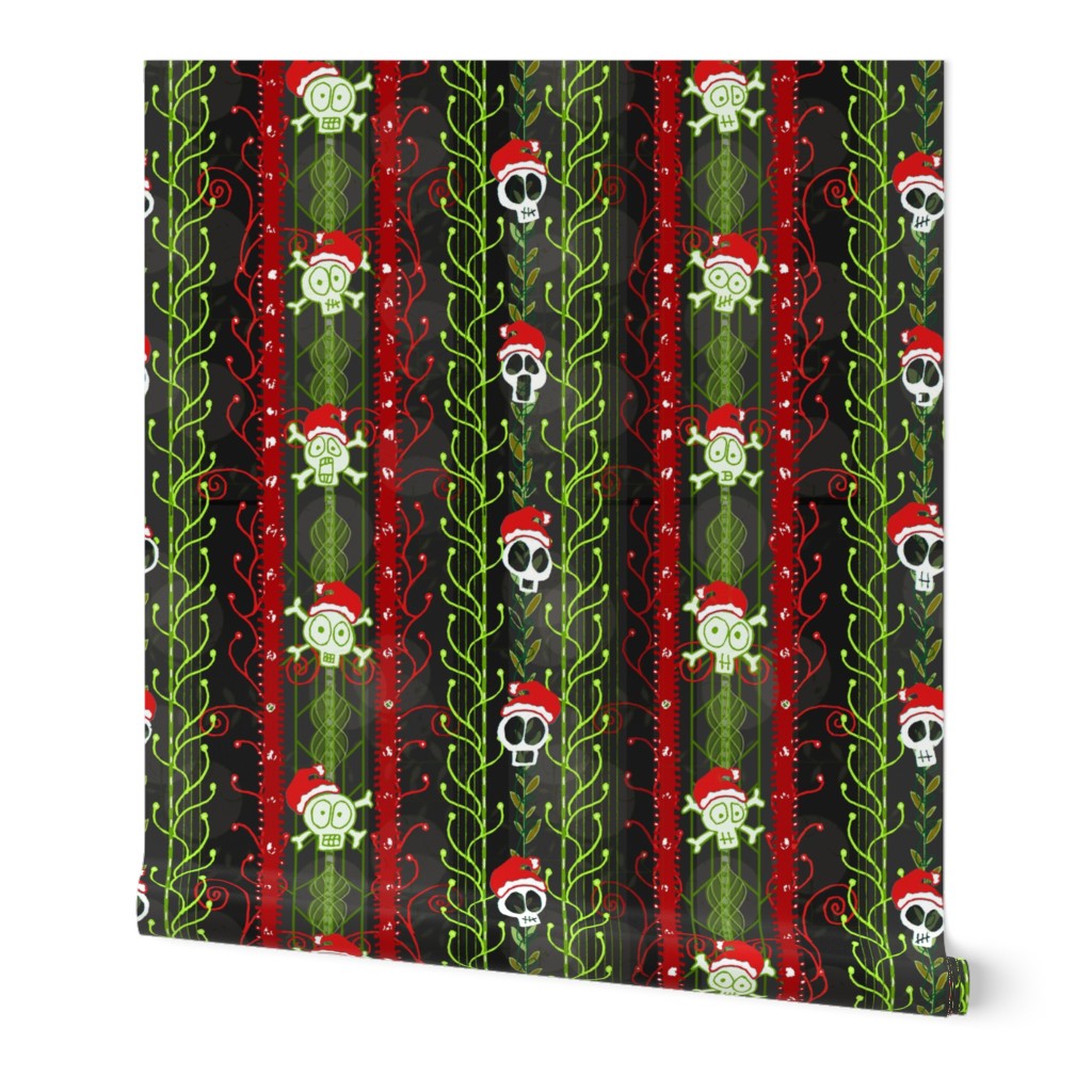 Santa Shock Vines O' Death Christmas Skulls -- Christmas Skulls over red, green and black -- Christmas Skulls in Santa Hats -- 8.58in x 7.74in repeat -- 465dpi (32% of Full Scale)