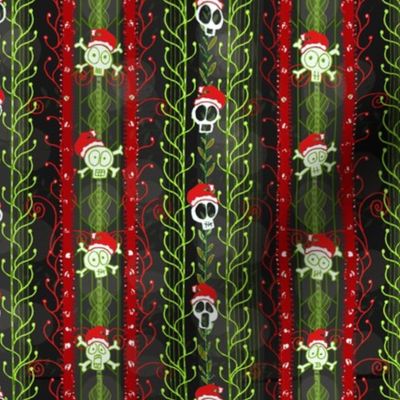 Santa Shock Vines O' Death Christmas Skulls -- Christmas Skulls over red, green and black -- Christmas Skulls in Santa Hats -- 8.58in x 7.74in repeat -- 465dpi (32% of Full Scale)