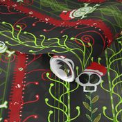 Santa Shock Vines O' Death Christmas Skulls -- Christmas Skulls over red, green and black -- Christmas Skulls in Santa Hats -- 8.58in x 7.74in repeat -- 465dpi (32% of Full Scale)