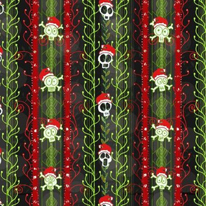 Santa Shock Vines O' Death Christmas Skulls -- Christmas Skulls over red, green and black -- Christmas Skulls in Santa Hats -- 8.58in x 7.74in repeat -- 465dpi (32% of Full Scale)