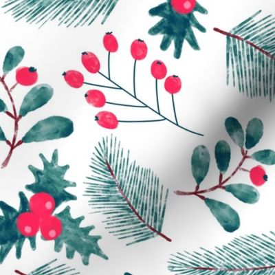 Watercolor Mistletoe Teal Pink