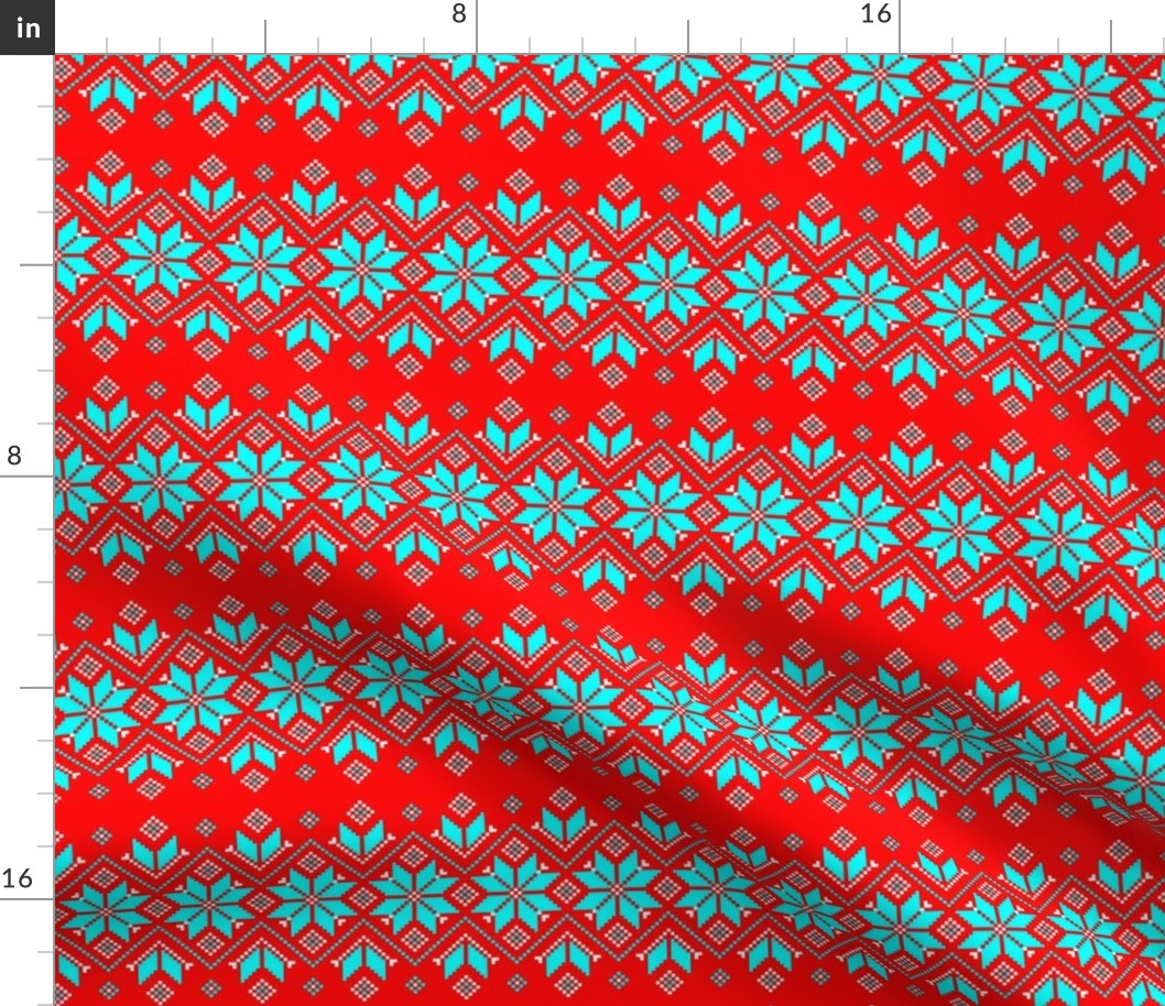 Wellspring - Star Alatyr - Ethno Ukrainian Traditional Pattern - Slavic Symbol - Middle - Lazure Blue White on Scarlet Red