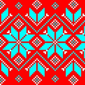 Wellspring - Star Alatyr - Ethno Ukrainian Traditional Pattern - Slavic Symbol - Large - Lazure Blue White on Scarlet Red