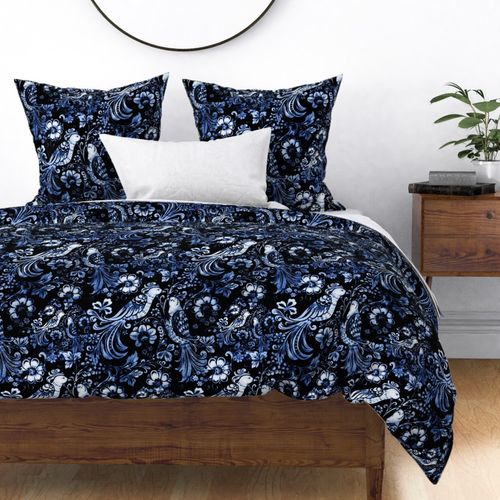 (L) Vintage Love Birds and Florals Deep Blue  /  Folk / large scale