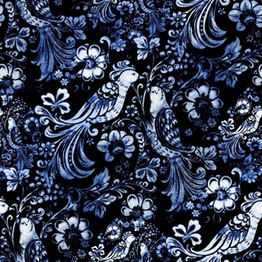 (Large) Love Birds Folk Art in Deep Blue on Black  / small scale