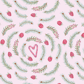 Christmas tree branches, heather and candy cane hearts (on pink)