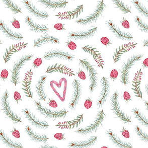 Christmas tree branches and candy cane hearts (on white)