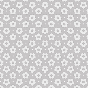 White flowers and dots on light grey