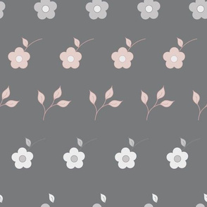 Pink and grey flowers on dark grey linear pattern