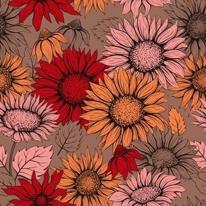 Orange Sunflowers on Beige Seamless Pattern