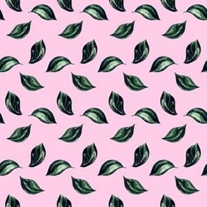 Cute Green Leaves on Pink Background, Seamless Pattern for Wallpaper