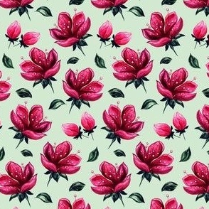 Pink Flowers on Green, Watercolor Seamless Pattern