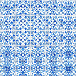 Blue Monochrome Watercolor Azulejo Tiles Seamless Pattern 