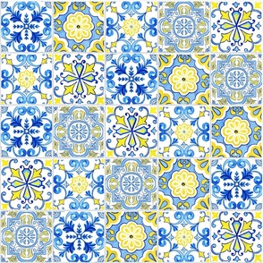 Blue and Sunny Yellow Watercolor Azulejo Tiles Seamless Pattern 