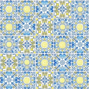 Mixed Blue and Yellow Watercolor Azulejo Tiles Seamless Pattern 