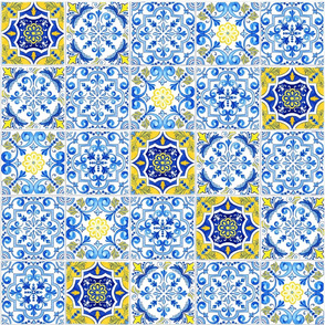 Blue and Yellow Watercolor Azulejo Tiles Seamless Pattern 