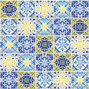 High Contrast Mixed Blue and Yellow Watercolor Azulejo Tiles Seamless Pattern 