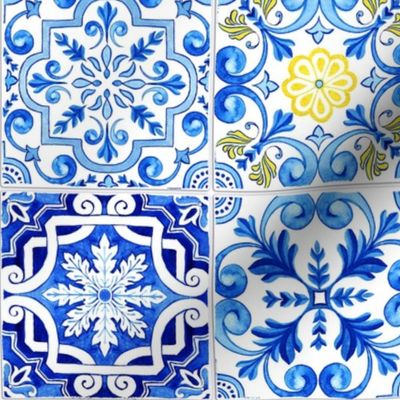 Blue Monochrome Mixed Mosaic Portuguese Tiles Seamless Watercolor Pattern, Removable Wallpaper
