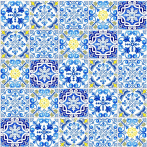 Blue Monochrome Mixed Mosaic Portuguese Tiles Seamless Watercolor Pattern, Removable Wallpaper