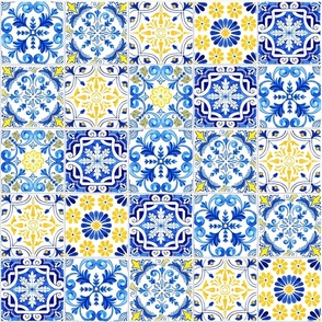 Blue Yellow Mixed Mosaic Portuguese Tiles Seamless Watercolor Pattern, Removable Wallpaper