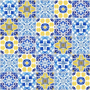 Mixed Mosaic Portuguese Tiles Seamless Watercolor Pattern for Removable Wallpaper