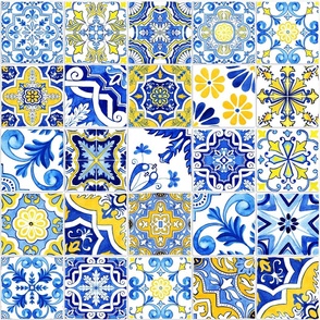 Mixed Portuguese Tiles Seamless Watercolor Pattern for Removable Wallpaper