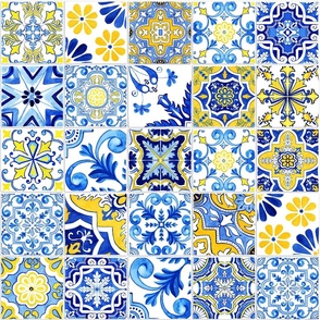 Mixed Collage Yellow and Blue Ornamental Watercolor Azulejo Tiles Seamless Pattern 