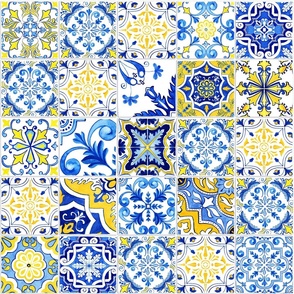 Mixed Collage Yellow and Blue Watercolor Azulejo Tiles Seamless Pattern 