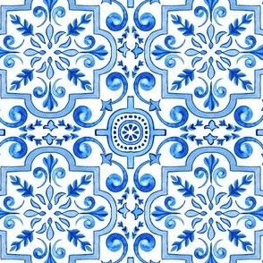 Blue Monochrome Geometric Floral Watercolor Azulejo Tiles Seamless Pattern 