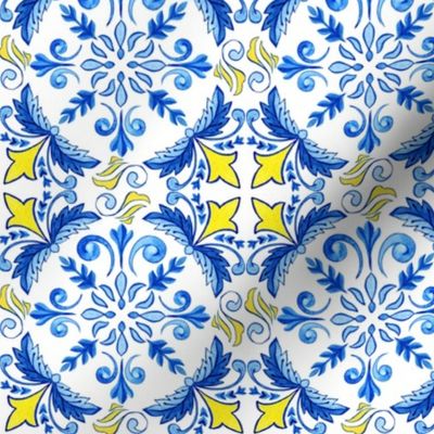 Yellow and Blue Contrast Ornamental Azulejo Tiles Seamless Pattern 