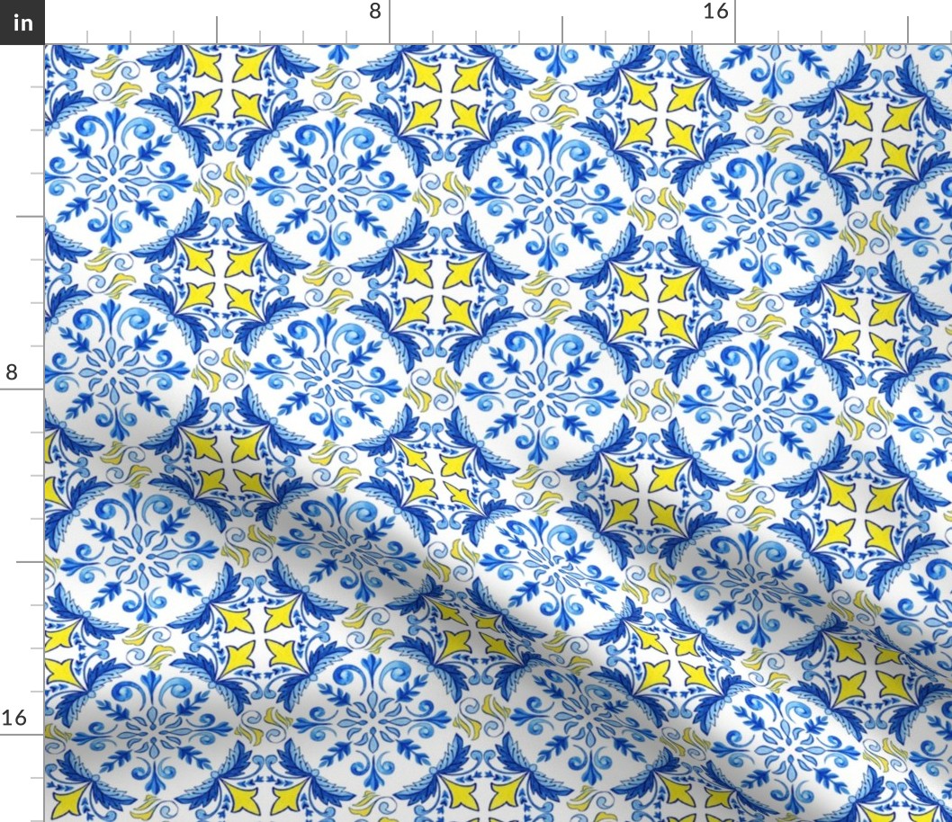 Yellow and Blue Contrast Ornamental Azulejo Tiles Seamless Pattern 