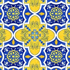 Yellow and Blue Bright Floral Watercolor Azulejo Tiles Seamless Pattern 