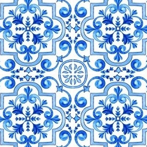 Blue Monochrome Symmetry Watercolor Azulejo Tiles Seamless Pattern 
