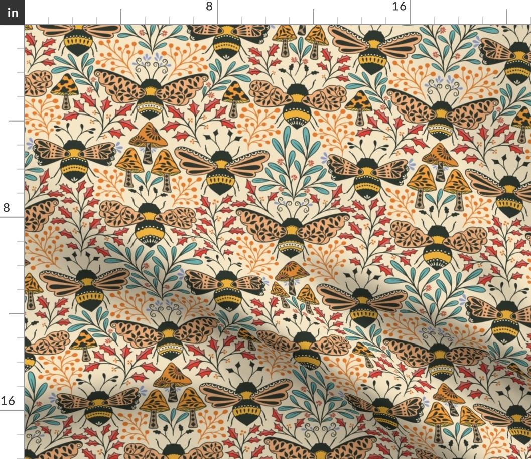 Medium Scale Bee Kingdom, bright and colorful, pollinators bumblebee mushroom and botanical